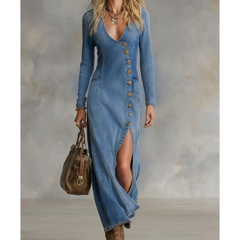 Nyvella – Elegant Long Dress with V-Neck for Women