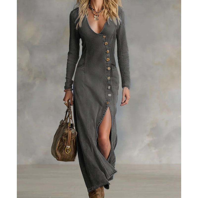 Nyvella – Elegant Long Dress with V-Neck for Women